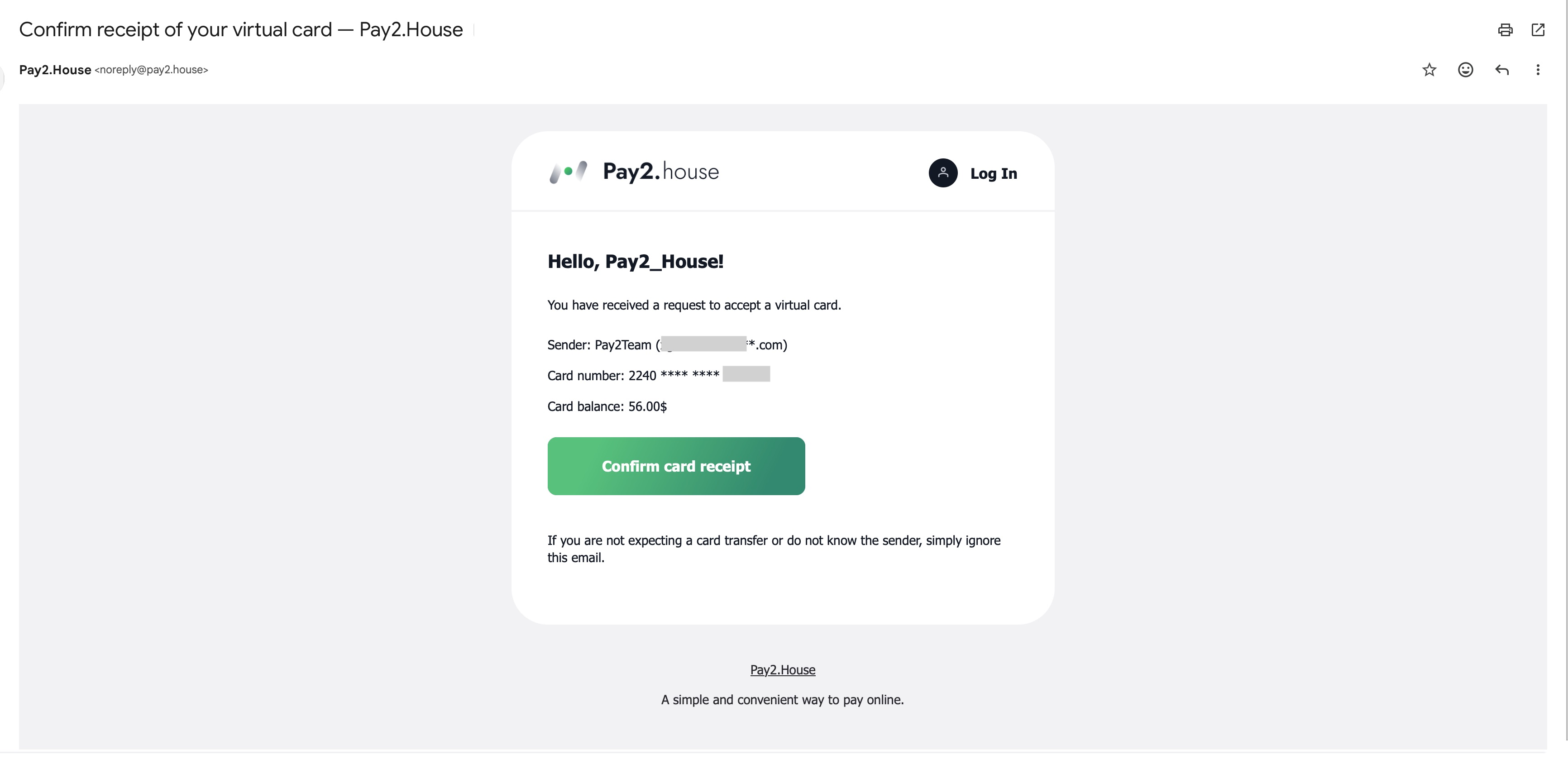 Pay2.House card transfer confirmation email